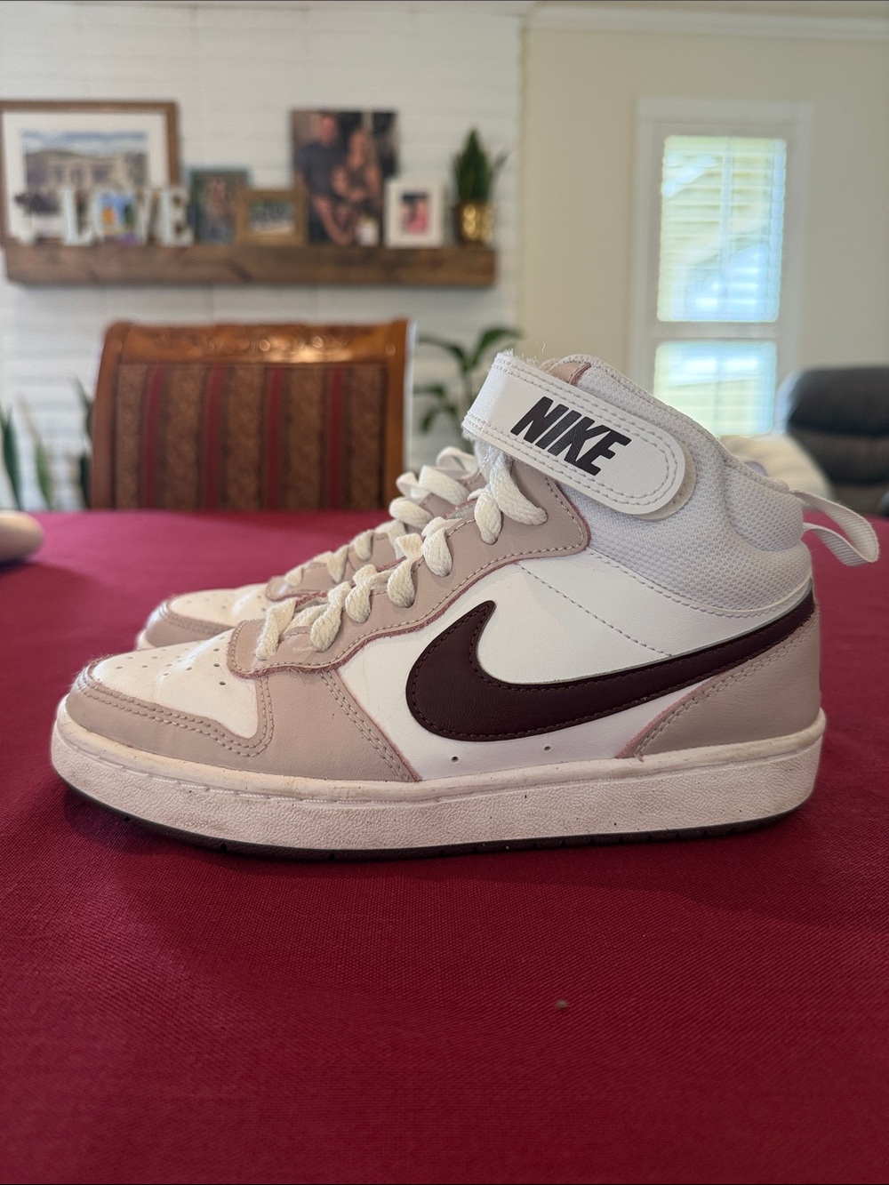 Nike High-Top Sneakers in White, Light Pink & Maroon Swoosh